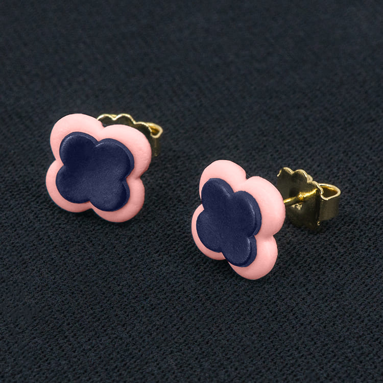 Серьги пусеты клевер Van Cleef лилово-древесные, пастельно-розовые (золотые)