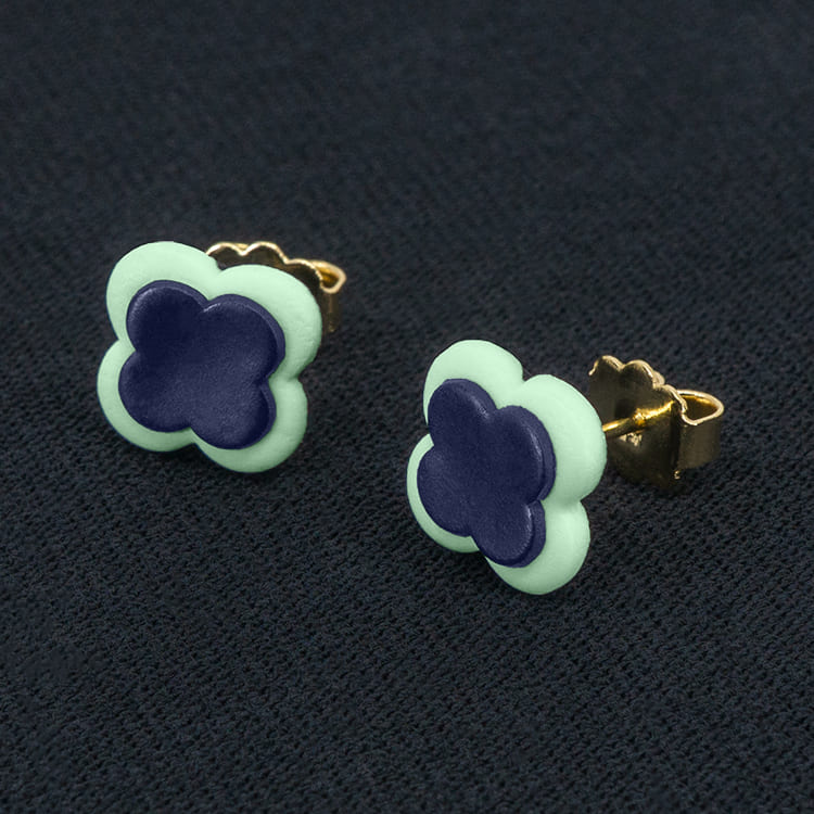 Серьги пусеты клевер Van Cleef лилово-древесные, нефритовые (золотые)