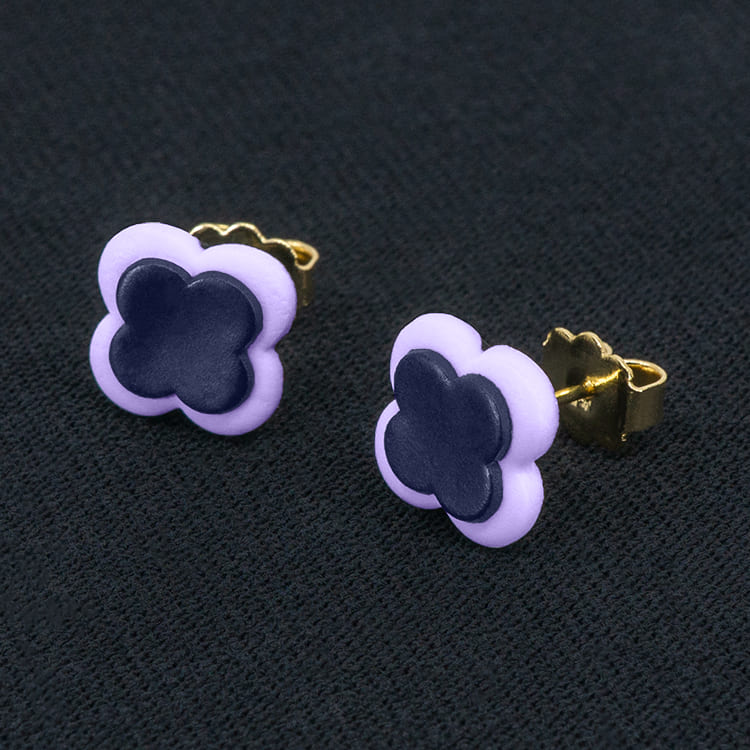 Серьги пусеты клевер Van Cleef лилово-древесные, сиреневые (золотые)