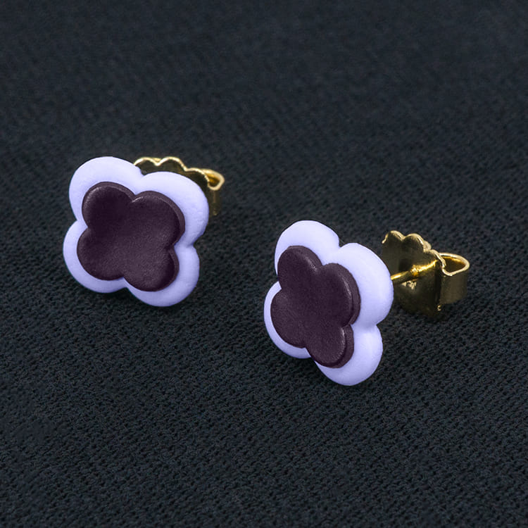 Серьги пусеты клевер Van Cleef ежевичные, бледно-лиловые (золотые)