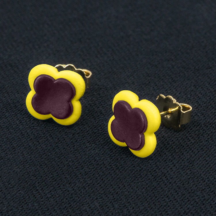 Серьги пусеты клевер Van Cleef брусничные, нарцисс (золотые)