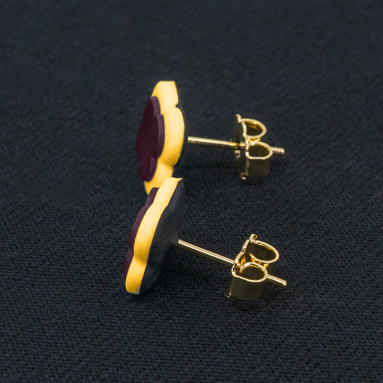 Серьги пусеты клевер Van Cleef брусничные, желтые (золотые)