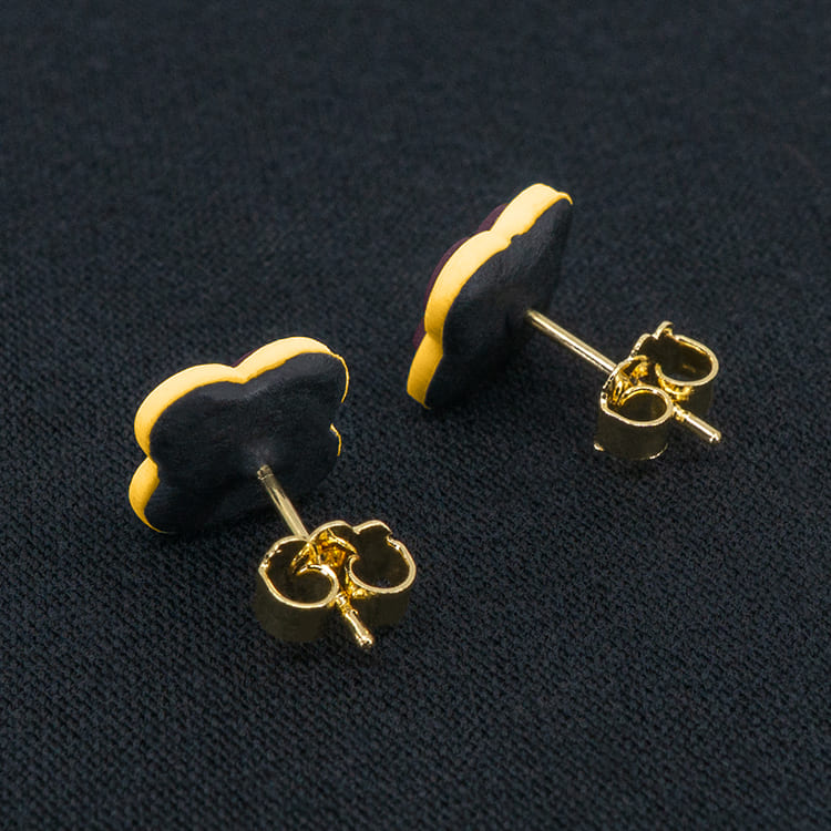 Серьги пусеты клевер Van Cleef брусничные, желтые (золотые)