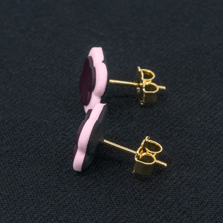 Серьги пусеты клевер Van Cleef сливовые, нежно-розовые (золотые)