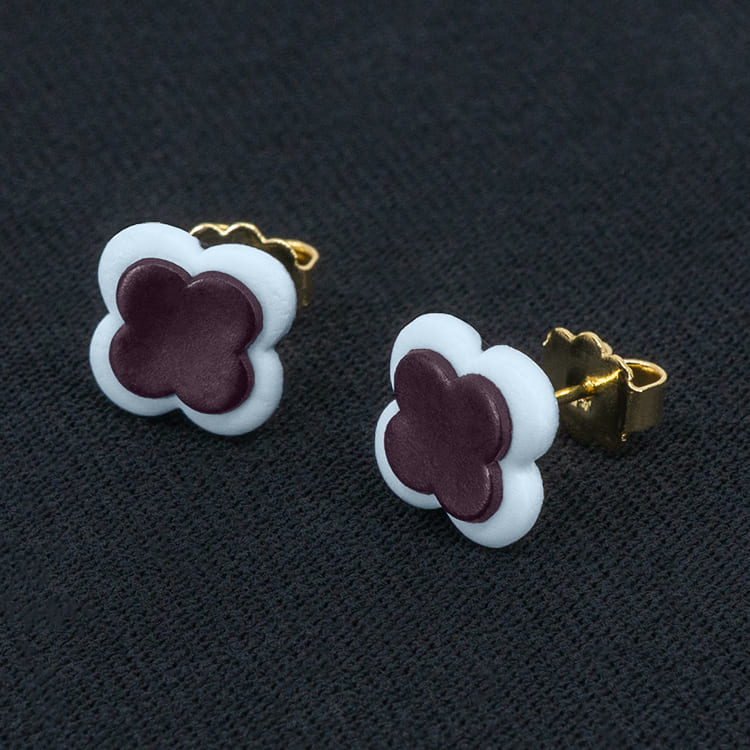 Серьги пусеты клевер Van Cleef сливовые, маренговые (золотые)