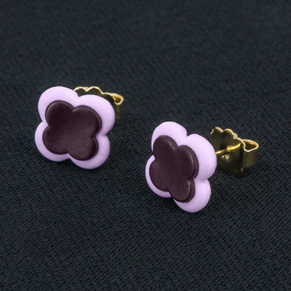 Серьги пусеты клевер Van Cleef сливовые, анютины глазки (золотые)