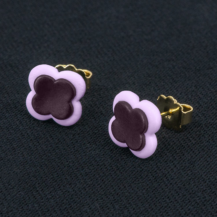Серьги пусеты клевер Van Cleef сливовые, анютины глазки (золотые)