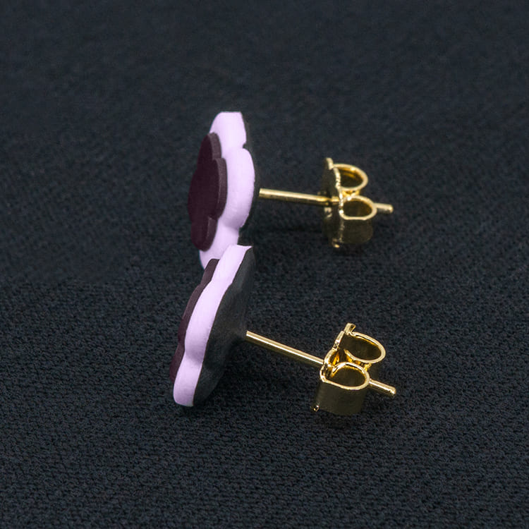 Серьги пусеты клевер Van Cleef сливовые, анютины глазки (золотые)