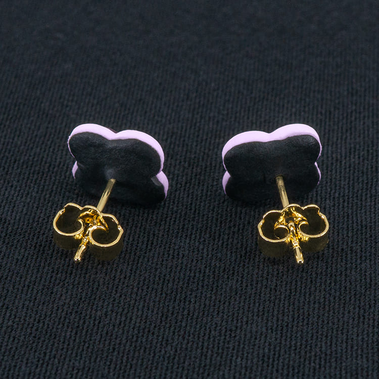 Серьги пусеты клевер Van Cleef сливовые, анютины глазки (золотые)