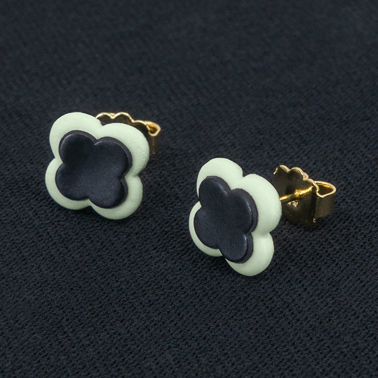 Серьги пусеты клевер Van Cleef серо-зеленые (золотые)