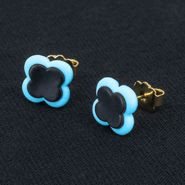 Серьги пусеты клевер Van Cleef лазурные (золотые)