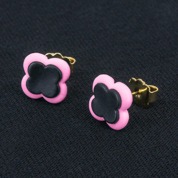 Серьги пусеты клевер Van Cleef пурпурно-розовые (золотые)