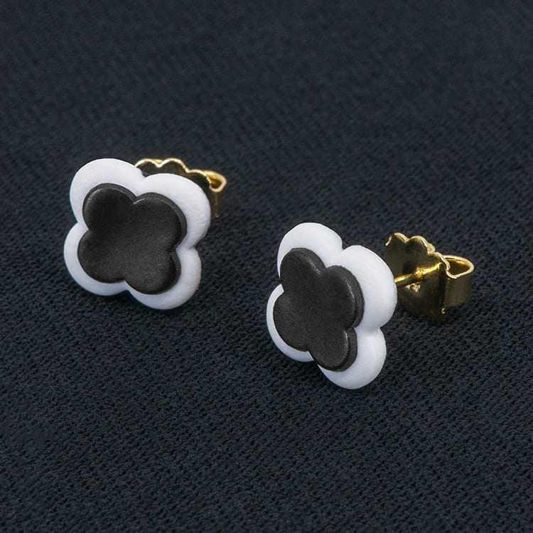 Серьги пусеты клевер Van Cleef обсидиановые (золотые)