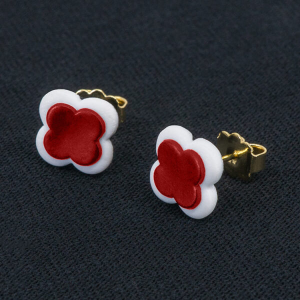 Серьги пусеты клевер Van Cleef красные (золотые)