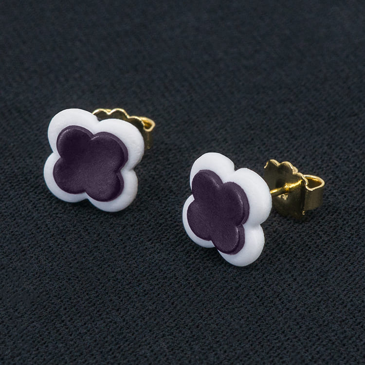 Серьги пусеты клевер Van Cleef темно-фиолетовые (золотые)