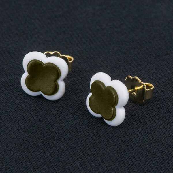 Серьги пусеты клевер Van Cleef серебристо-коричневые (золотые)