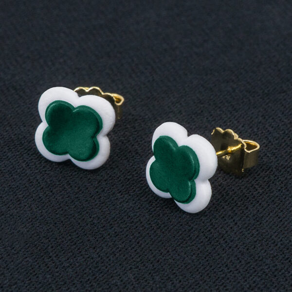 Серьги пусеты клевер Van Cleef синевато-зеленые (золотые)