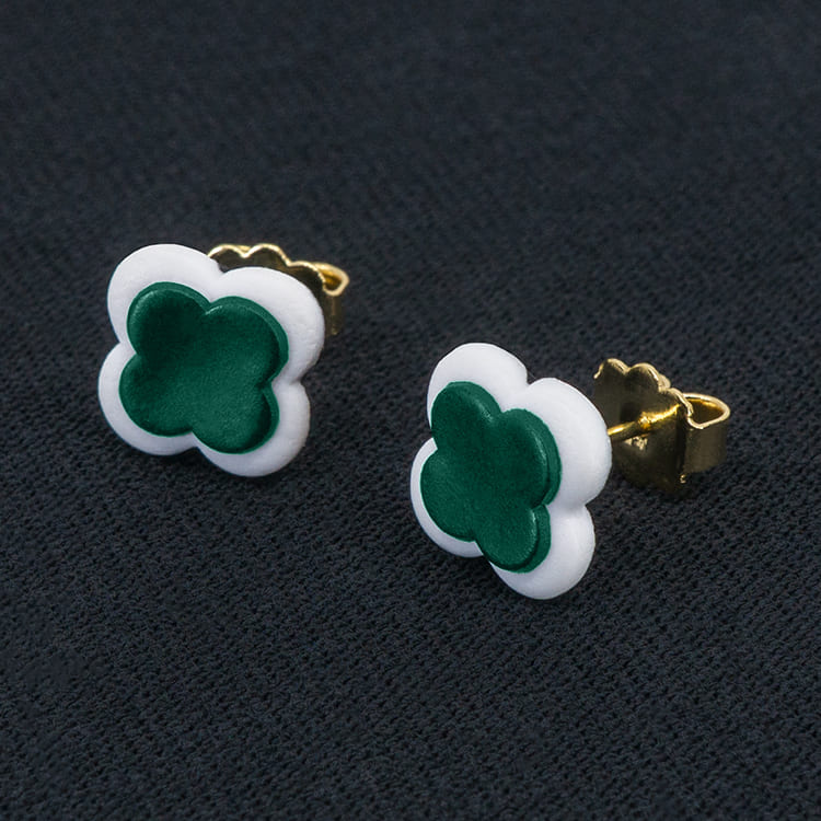 Серьги пусеты клевер Van Cleef синевато-зеленые (золотые)